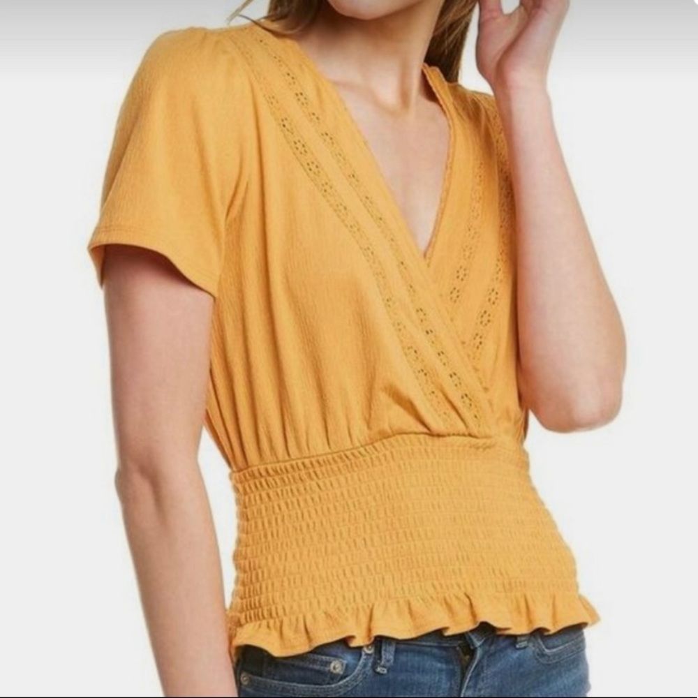 5/$20 ⭐️ 1. State • Smocked Waist Mock Wrap Blouse in Mustard